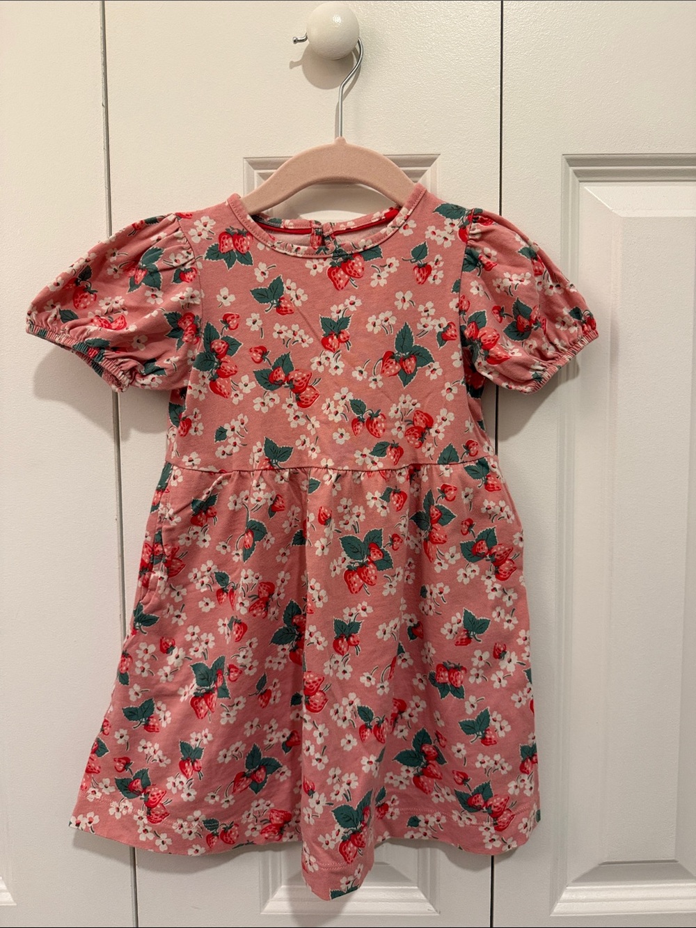 Mini Boden Strawberry Print Puff-Sleeve Kids Dress 2-3y